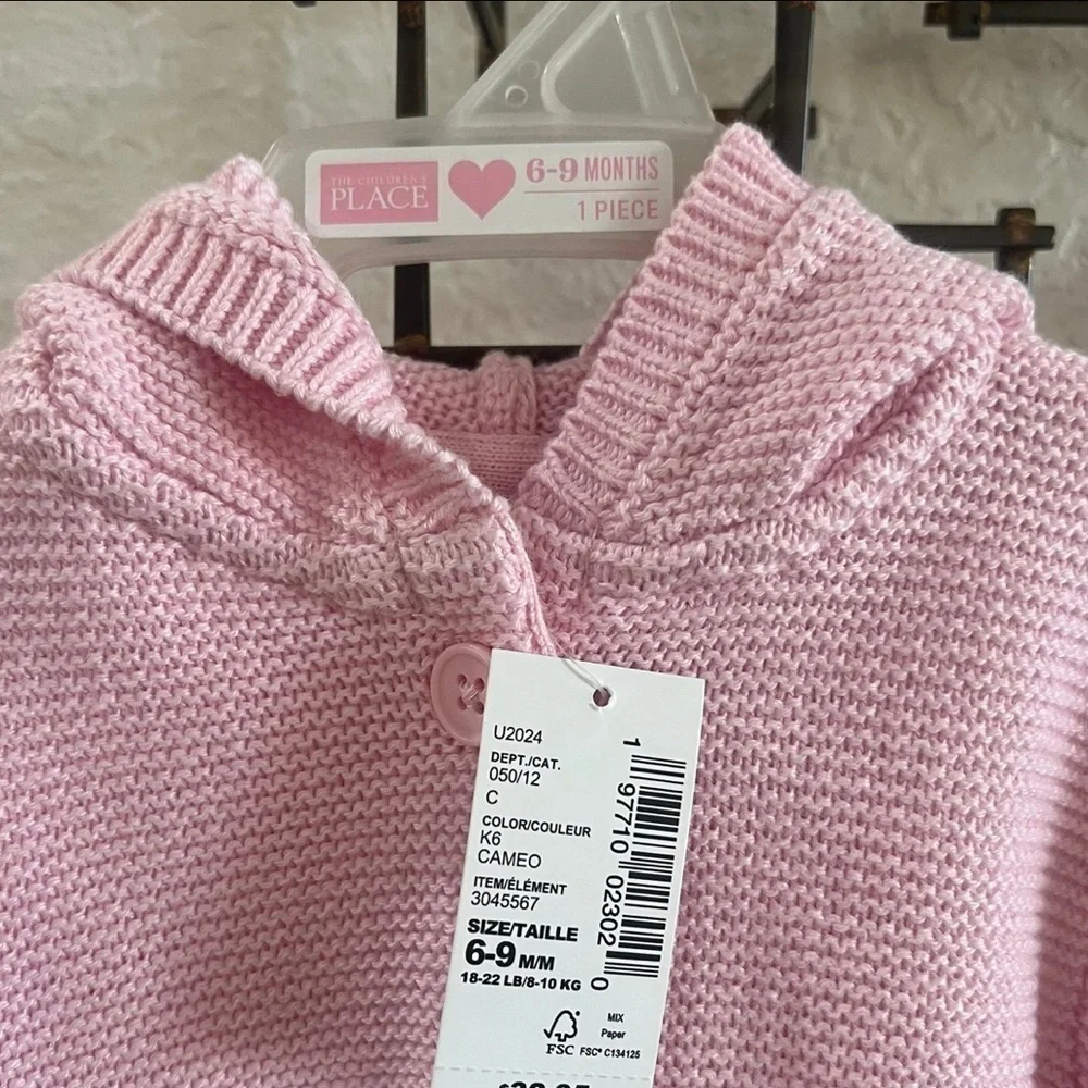Ship Dec 4 The Children’s Place Pink Hooded Sweater – Size 6-9 Months NWT